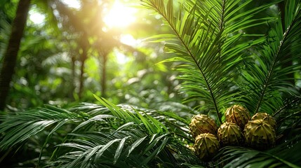 Wall Mural - lush tropical environment with sunlight filtering through leaves in a vibrant jungle setting during 