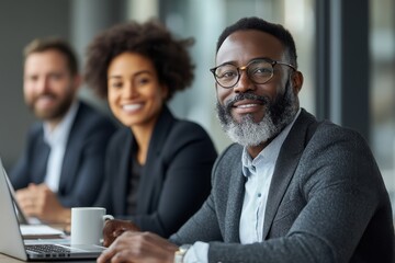 Poster - Three professionals engaged in a meeting at a modern office setting with laptops and coffee cups present