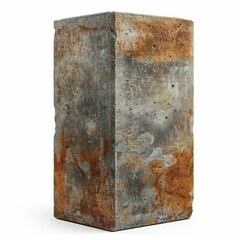 Poster - Close up of a weathered concrete block exhibiting rust stains, damage, and a rough texture, isolated on a white background