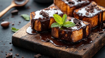 Poster - An artistic shot of honey toast served on a rustic wooden board, garnished with a sprig of mint and a side of rich chocolate sauce for dipping.