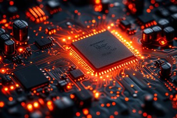 Poster - High-tech circuit board glowing with orange light showcases intricate electronic components and microchips