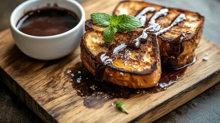 Poster - An artistic shot of honey toast served on a rustic wooden board, garnished with a sprig of mint and a side of rich chocolate sauce for dipping.