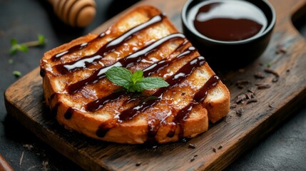 Poster - An artistic shot of honey toast served on a rustic wooden board, garnished with a sprig of mint and a side of rich chocolate sauce for dipping.