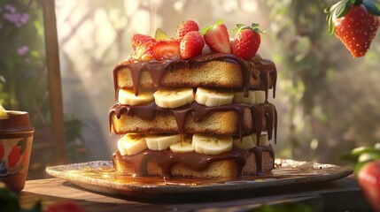 Poster - An artistic shot of honey toast with a thick layer of Nutella, topped with sliced strawberries and bananas, drizzled with honey for a chocolatey delight.