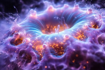 Poster - Colorful abstract representation of microscopic cellular structure showcasing biological activity in a vibrant environment