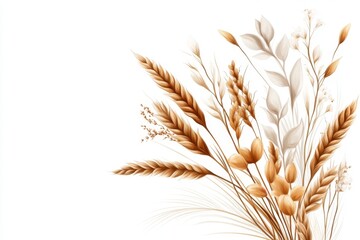 Poster - A flat 2D illustration of a single stalk of wheat in golden tones, drawn with simple lines on a white background for a clean aesthetic