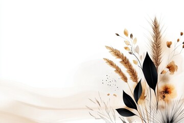 Poster - A flat 2D illustration of a single stalk of wheat in golden tones, drawn with simple lines on a white background for a clean aesthetic
