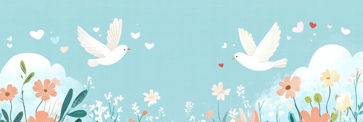 Poster - Two white birds flying in a bright blue sky surrounded by colorful flowers and hearts. Generative AI