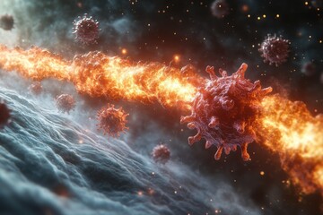 Poster - Virus particles traveling through a fiery environment with a cosmic backdrop in a scientific illustration
