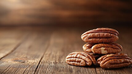 Wall Mural - Pecans stacked wood rustic background food.