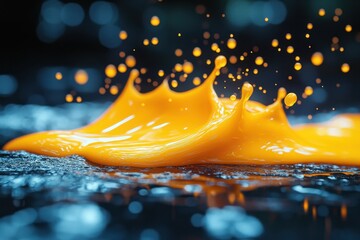 Poster - Dynamic splash of vibrant orange liquid creating crowns on a dark surface