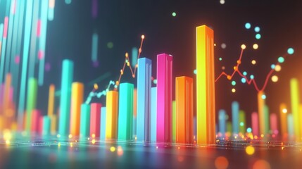 Fototapete - A D financial bar chart with sharp, colorful bars in an upward trend, surrounded by glowing lights and digital data points