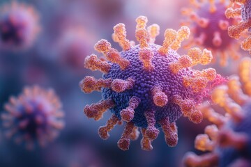 Poster - vivid depiction of a virus model showcasing intricate details and vibrant colors in a scientific vis