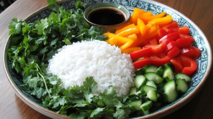 Wall Mural - A beautifully arranged plate of steaming white rice, garnished with fresh cilantro and served alongside colorful vegetables and a small bowl of soy sauce.