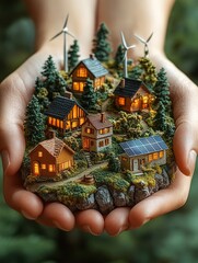 Hands holding sustainable green village with solar panels and wind turbines