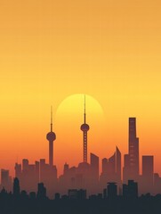 Poster - Stunning urban skyline with iconic towers and bridges illuminated by sunset glow. Generative AI