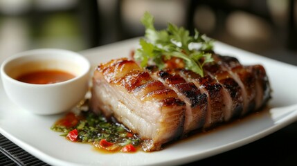 Poster - A beautifully plated dish of crispy pork belly, glistening with a drizzle of fish sauce, garnished with fresh herbs and served with a side of spicy dipping sauce.