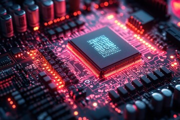 Poster - detailed view of a computer motherboard showcasing a microchip surrounded by glowing circuitry at ni