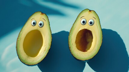 Wall Mural - Two avocado halves with cartoon eyes and mouths, expressing surprise or shock, on a light teal background with sun shadows.