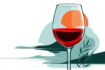 Aufkleber - A minimalist 2D illustration of a wine glass with elegant swirls of red wine inside, set against a white background for simplicity