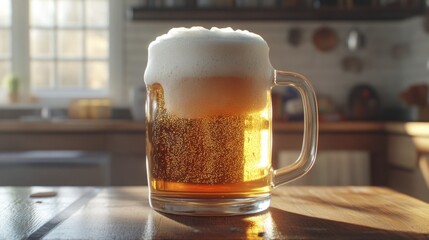 Aufkleber - A classic beer mug filled with cold, golden beer and a thick layer of foam, resting on a wooden table with the sunlight casting a warm glow.