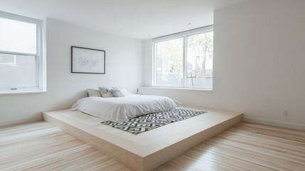 Aufkleber - A clean, minimalist bedroom featuring a white platform bed, a few decorative pillows, and a simple geometric rug on light wood flooring