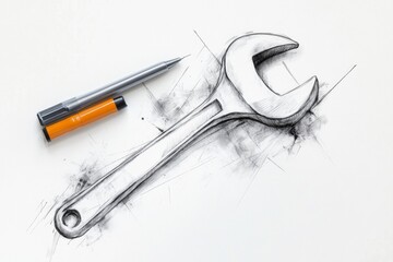 Aufkleber - A minimalist depiction of a single wrench drawn in clean, bold lines with a subtle shadow on a white background