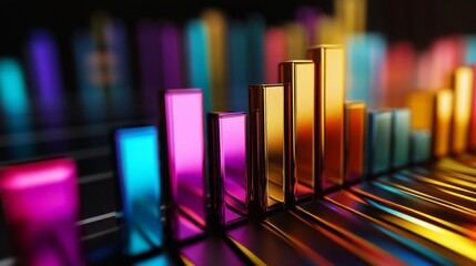 Poster - A close-up of a D bar graph with colorful, metallic bars rising against a dark background, showcasing data analysis and market performance