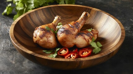 Poster - A close-up of a beautifully grilled tandoori chicken piece, garnished with sliced chilies and cilantro, presented on a rustic wooden plate for an appetizing appearance.