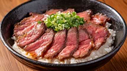 Poster - A close-up of a bowl of fragrant jasmine rice topped with tender, slow-cooked beef slices, drizzled with savory soy sauce and garnished with chopped green onions.