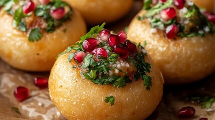 Poster - A close-up of a crispy pani puri filled with a spicy mixture, topped with pomegranate seeds and fresh herbs, showcasing the dish's vibrant colors and textures.