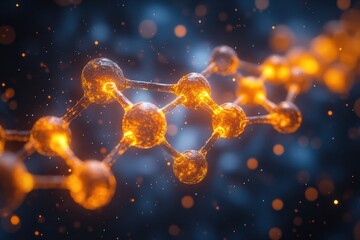 Poster - Molecular structure glowing in vibrant orange and blue hues against a blurred background