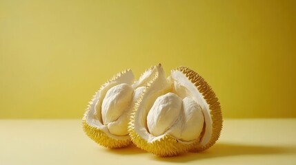 Wall Mural - Two halves of a durian fruit, creamy white flesh, yellow skin, vibrant yellow background.