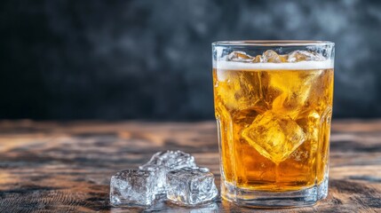 Poster - A close-up of a frosty beer glass with ice, the golden liquid glistening in the light, with condensation on the glass and a soft background for a crisp, refreshing look