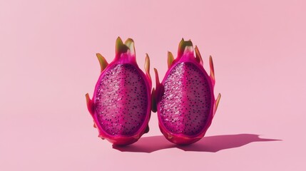 Wall Mural - Two halves of a vibrant pink dragon fruit, sliced in half, against a pastel pink background.