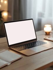 Modern laptop showing blank screen on wooden desk in cozy home office