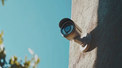 Poster - A close-up of a sleek, modern CCTV camera mounted on a wall, with a clear blue sky in the background, emphasizing its surveillance capabilities in urban settings.