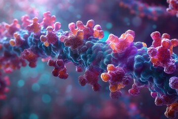 Poster - Colorful depiction of microscopic structures resembling a virus with vibrant textures and luminescent details