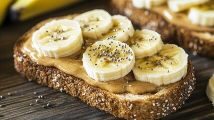 Poster - A close-up of a slice of whole grain toast topped with peanut butter and banana slices, sprinkled with chia seeds, showcasing a nutritious snack option.
