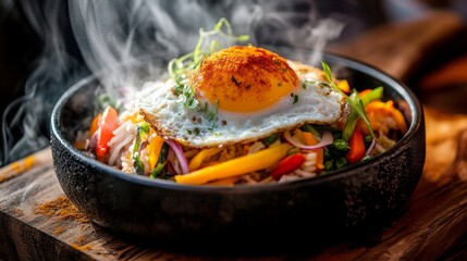 Wall Mural - A close-up of a steaming bowl of American fried rice with crispy fried egg on top, surrounded by colorful vegetables, served on a wooden surface