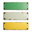 © Sha - Three vintage metal plates in green, white, and yellow with a distressed finish, perfect for signage or decorative use.