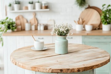 Aufkleber - A rustic wooden table with visible grain patterns, set in a cozy farmhouse kitchen with soft natural light