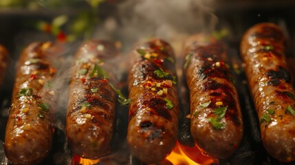 Poster - A close-up of juicy sausages being grilled, with golden-brown coloring and a hint of char, surrounded by fresh herbs and spices, captured with soft lighting