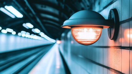 Poster - A close-up of the smooth, industrial surface of a subway tunnel wall, with modern lighting fixtures and reflections from the track below, creating a sleek, urban look