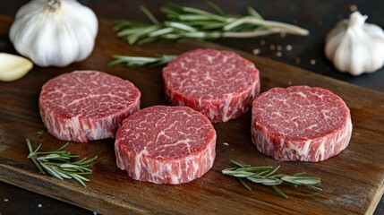 Poster - A close-up of vibrant red beef steaks, showcasing marbling and freshness, resting on a wooden cutting board with sprigs of rosemary and garlic cloves nearby.