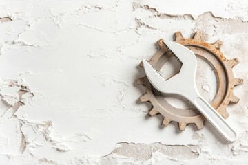 Canvas Print - A simple drawing of a wrench resting on a gear, with clean lines and minimal shading, placed on a plain white canvas