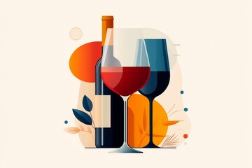Poster - A simple icon of a wine glass filled with red wine, drawn in flat, clean shapes with a soft gradient background