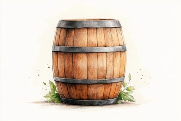 Poster - A simple line drawing of a wooden barrel, with subtle shading and muted brown tones on a white background