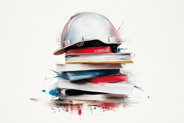 Poster - A single construction helmet placed on top of a stack of blueprints, depicted in a simple, sleek style with muted tones