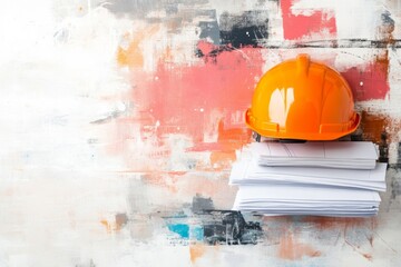 Poster - A single construction helmet placed on top of a stack of blueprints, depicted in a simple, sleek style with muted tones